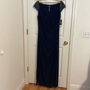 Ralph Lauren Navy Draped Maxi Dress with Sequin Sleeves